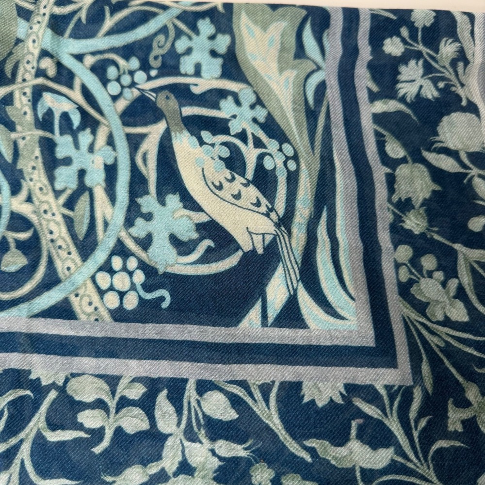 Anthropologie Vismaya Scarf Blue Botanical Bird Print Fringe Boho 40" Square New - Picture 2 of 6
